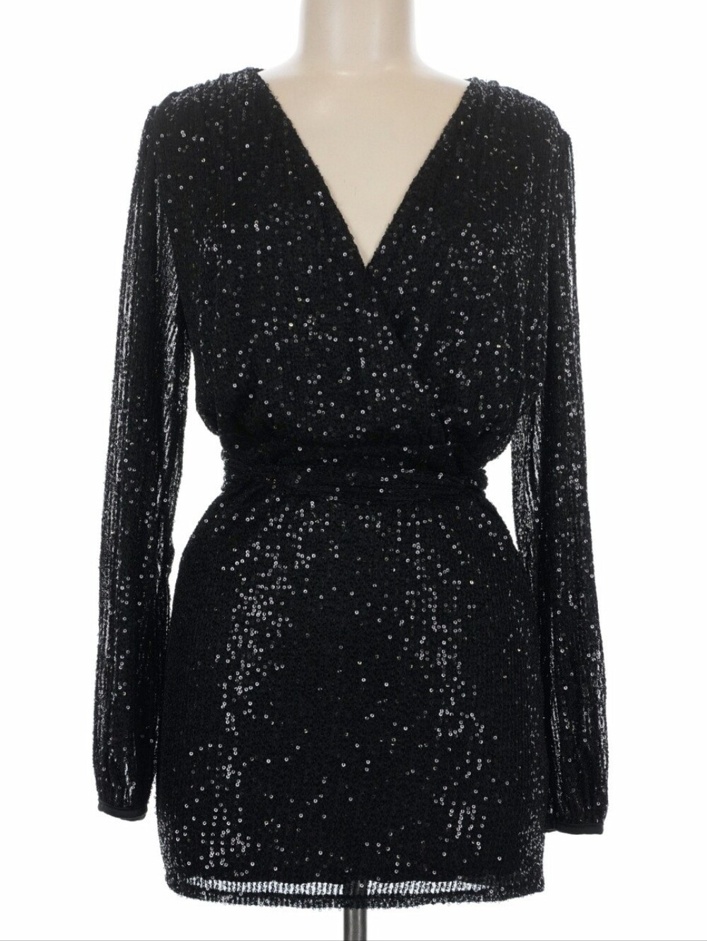 Black Sequin Long-Sleeve V-Neck Mini Dress